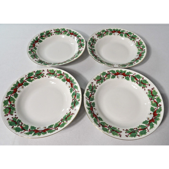 Vtg Sango Christmas Holly # 8415 Bowls Gold Rim Soup Salad Holiday Set of 4 - Picture 1 of 8